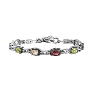 Multi Gemstone Link Bracelet in Stainless Steel (6.50-8.0In) 4.10 ctw