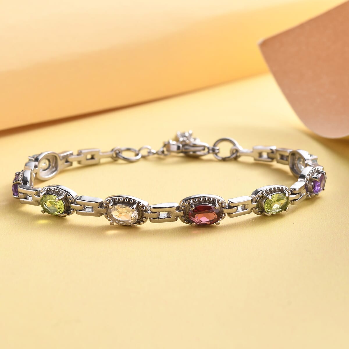 Multi Gemstone Link Bracelet in Stainless Steel (6.50-8.0In) 4.10 ctw image number 1