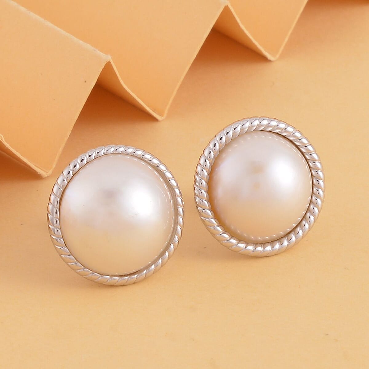 White Mabe Pearl Solitaire Stud Earrings in Rhodium Over Sterling Silver image number 1