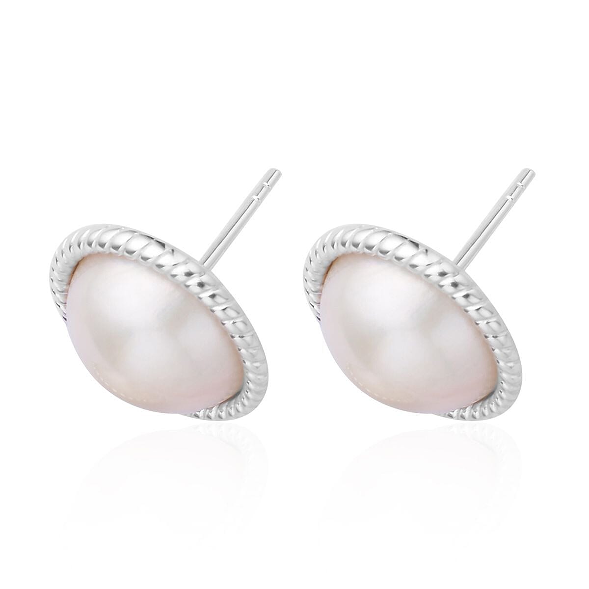 White Mabe Pearl Solitaire Stud Earrings in Rhodium Over Sterling Silver image number 3