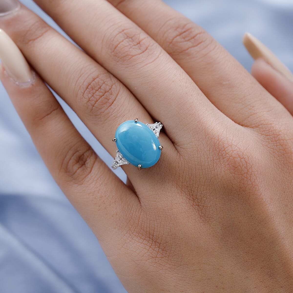 LUXORO 10K White Gold Premium American Natural Sleeping Beauty Turquoise and Moissanite Ring (Size 10.0) 2.40 Grams 8.40 ctw image number 2