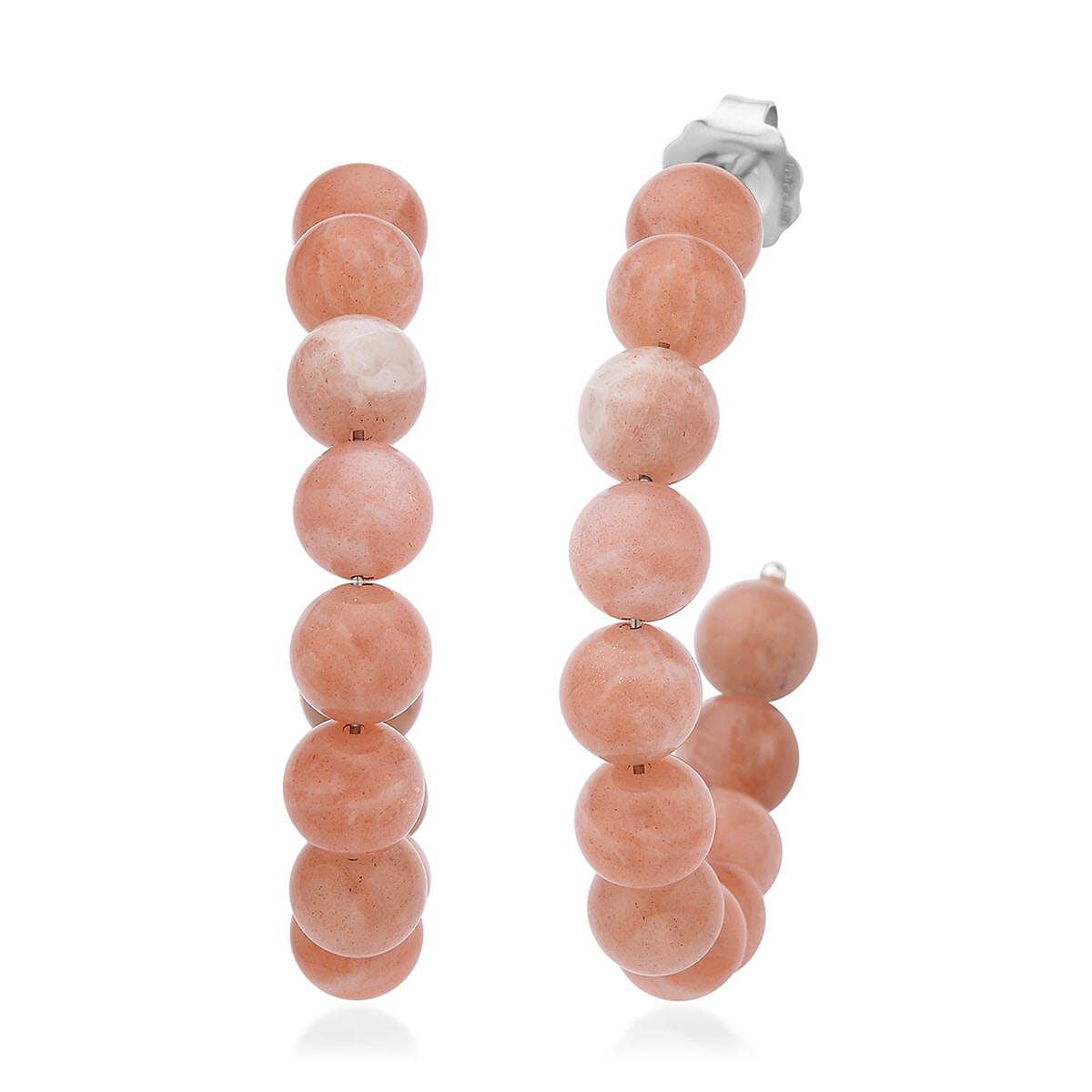 Sri Lankan Sunstone Beaded J-Hoop Earrings in Stainless Steel 50.00 ctw | Tarnish-Free, Waterproof, Sweat Proof Jewelry