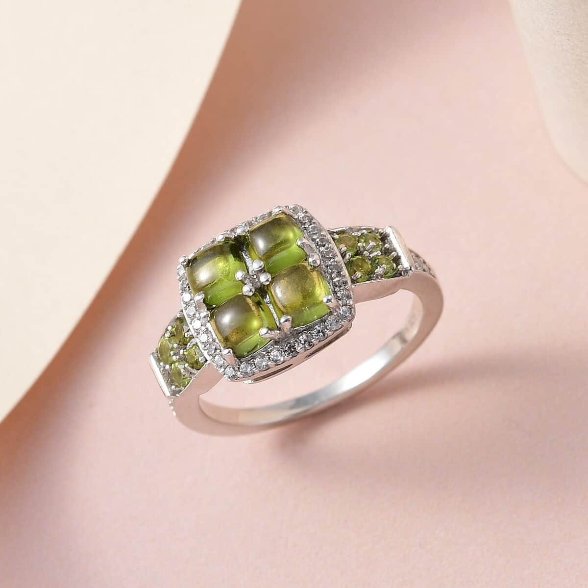 Italian Natural Vesuvianite and Natural White Zircon Ring in Platinum Over Sterling Silver 2.25 ctw image number 1