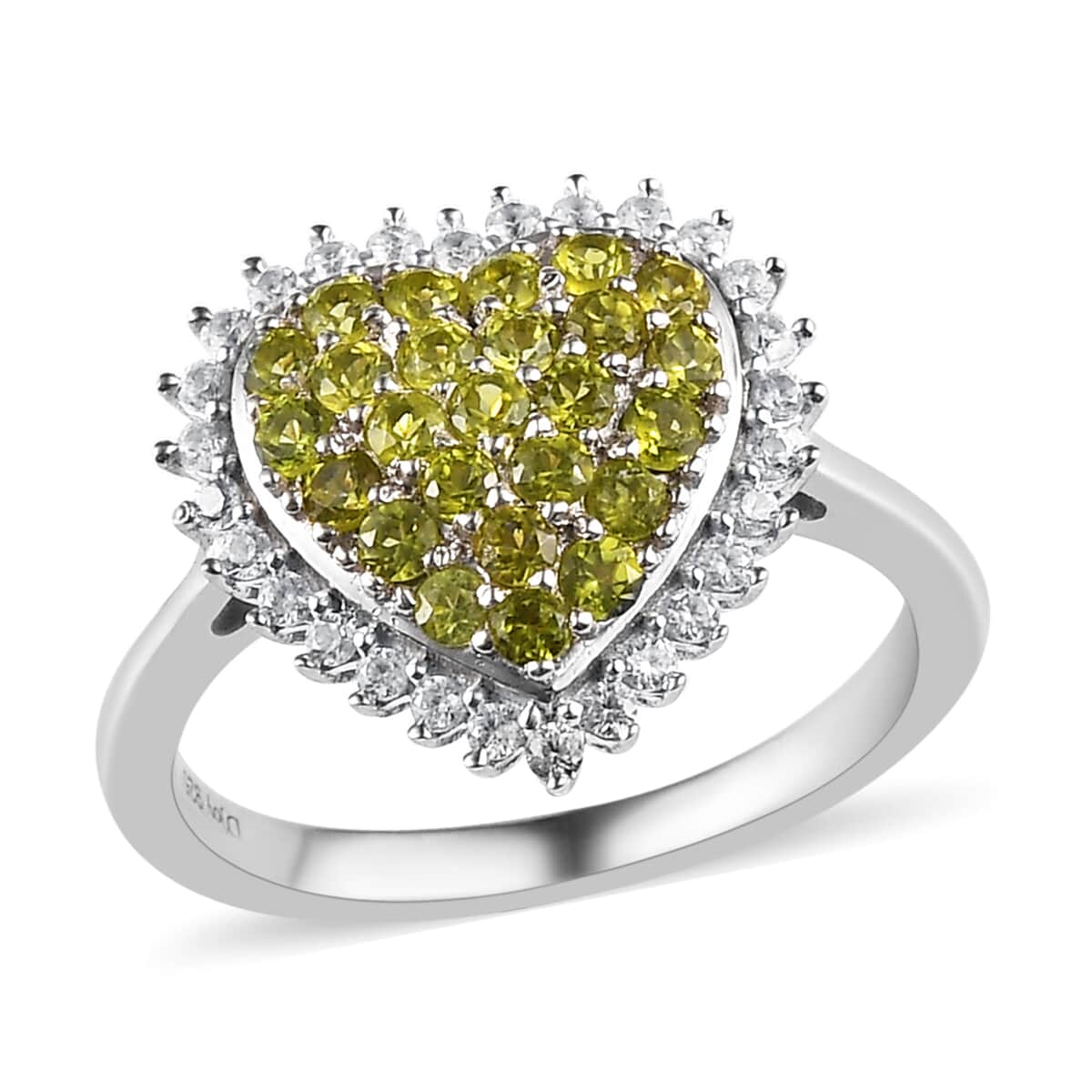 Italian Natural Vesuvianite and Natural White Zircon Heart Ring in Platinum Over Sterling Silver 1.10 ctw image number 0