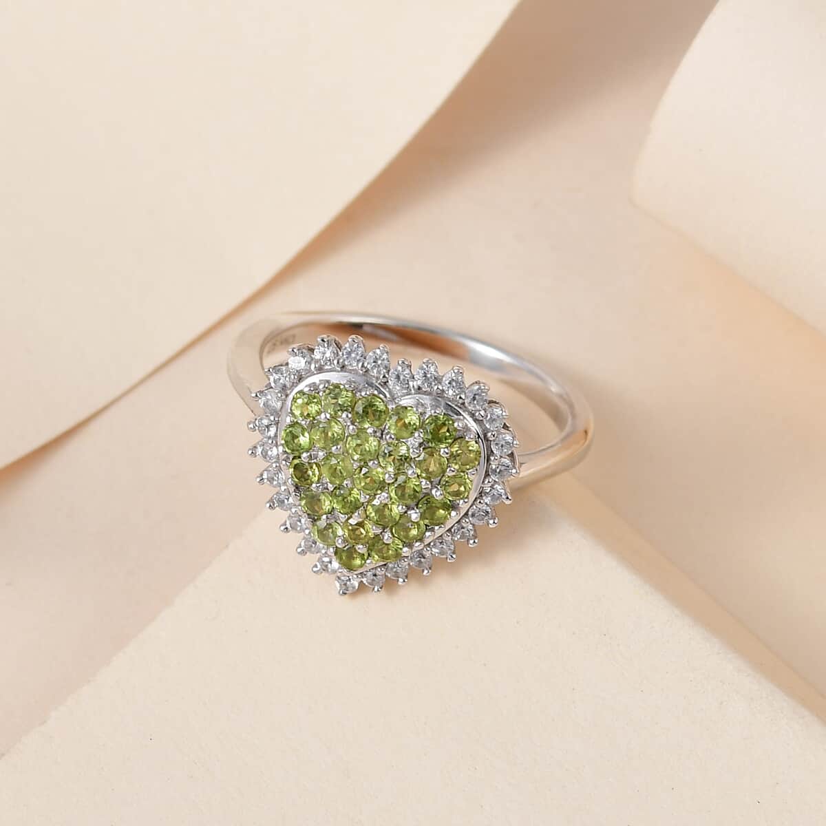 Italian Natural Vesuvianite and Natural White Zircon Heart Ring in Platinum Over Sterling Silver 1.10 ctw image number 1