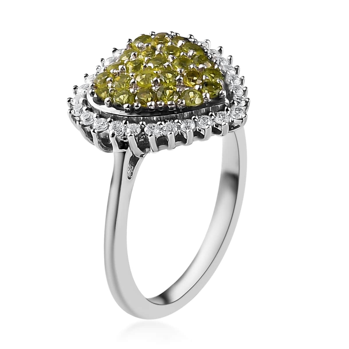 Italian Natural Vesuvianite and Natural White Zircon Heart Ring in Platinum Over Sterling Silver 1.10 ctw image number 3