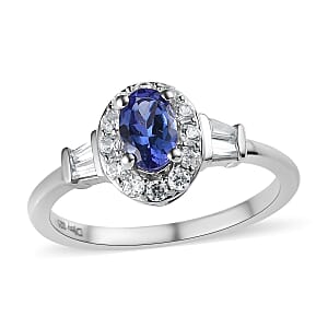 AAA Tanzanite and White Zircon Halo Ring in Platinum Over Sterling Silver (Size 8.0) 0.85 ctw