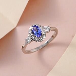 AAA Tanzanite and White Zircon Halo Ring in Platinum Over Sterling Silver (Size 8.0) 0.85 ctw