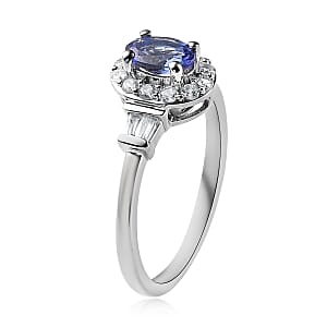AAA Tanzanite and White Zircon Halo Ring in Platinum Over Sterling Silver (Size 8.0) 0.85 ctw