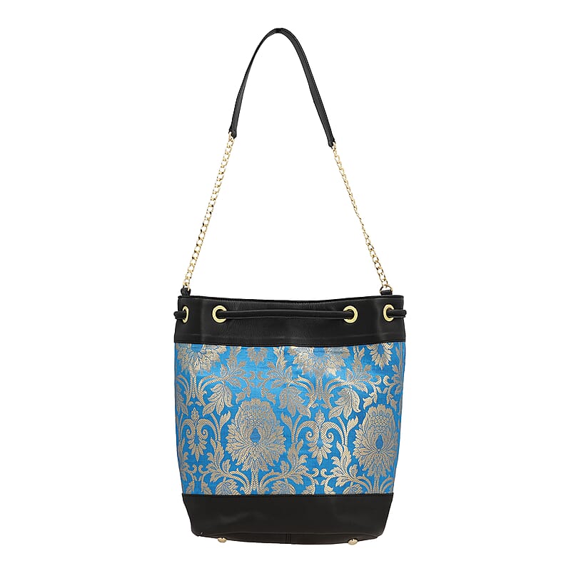 Blue Genuine Leather Brocade Crossbody Bag
