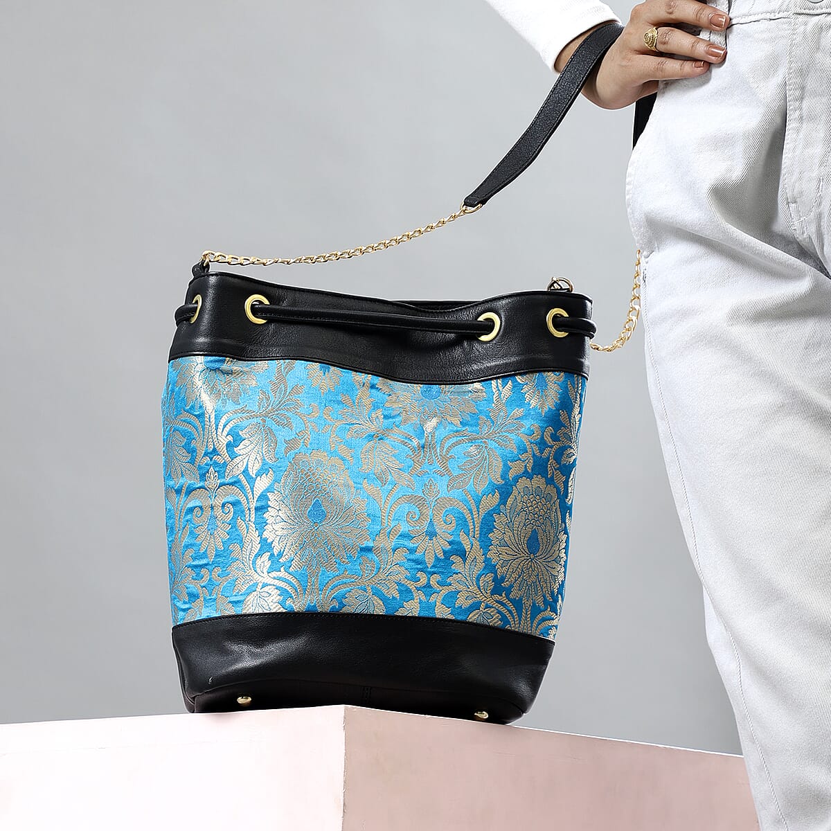 Brocade Leather Crossbody Bag  Color: Black Size: 12 L x 5.75 W x 9.75 H INCH image number 1