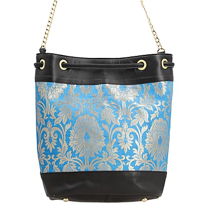 Blue Genuine Leather Brocade Crossbody Bag