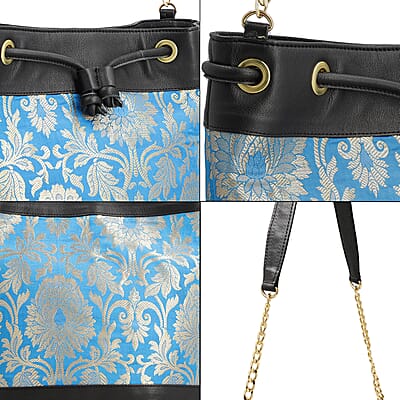 Blue Genuine Leather Brocade Crossbody Bag