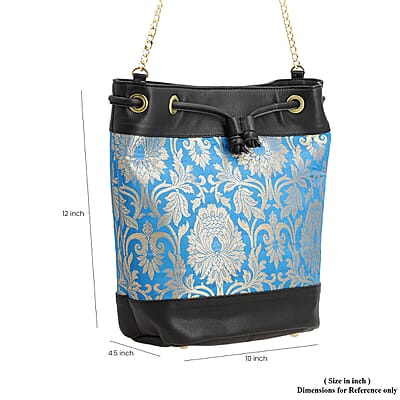 Blue Genuine Leather Brocade Crossbody Bag