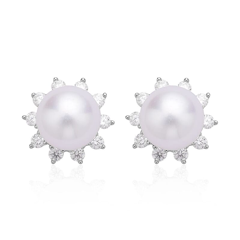 White Edison Pearl 10-11mm and Moissanite Stud Earrings in Sterling Silver 1.20 ctw