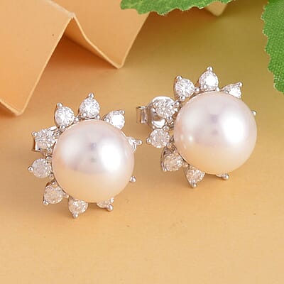 White Edison Pearl 10-11mm and Moissanite Stud Earrings in Sterling Silver 1.20 ctw