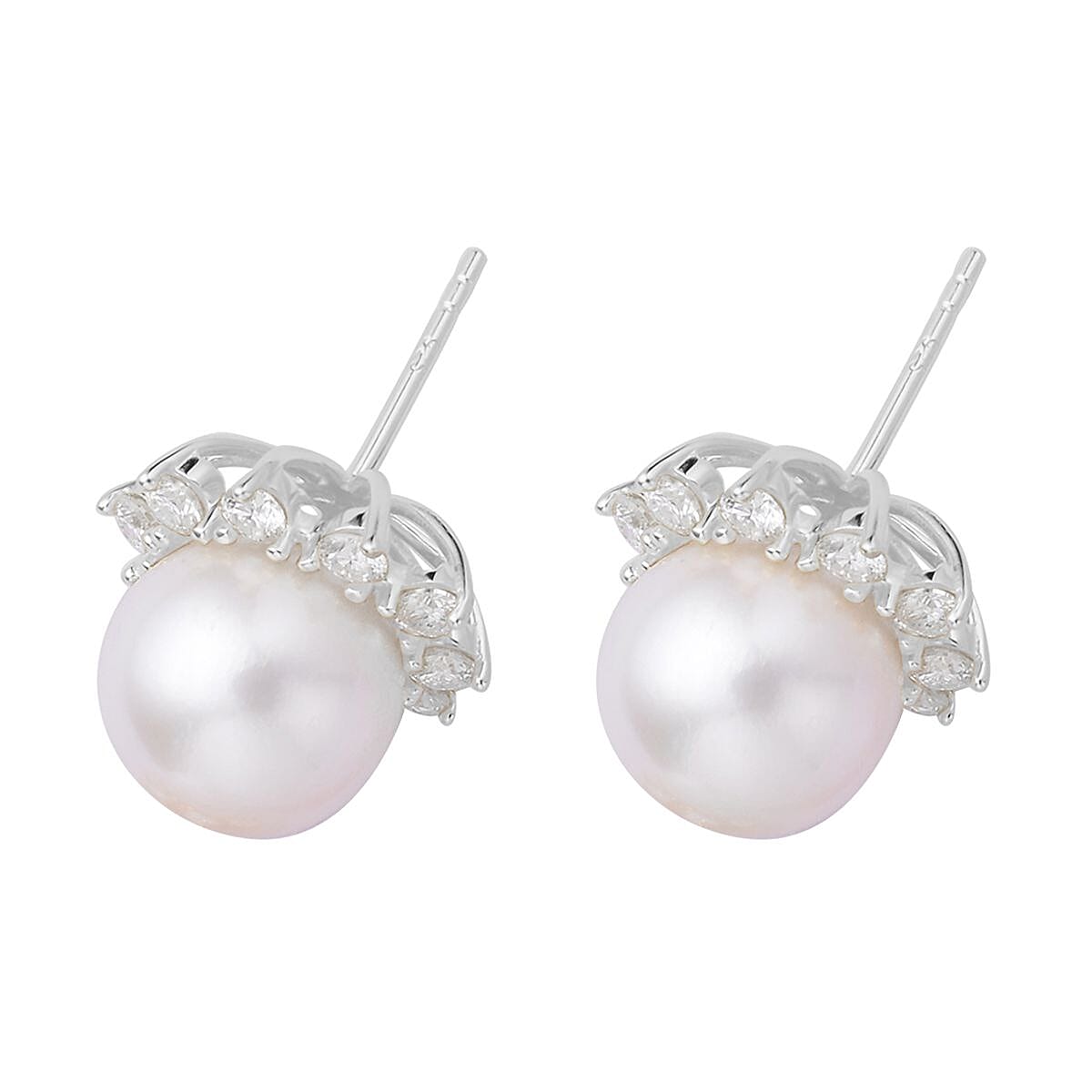 White Edison Pearl 10-11mm and Moissanite Stud Earrings in Sterling Silver 1.20 ctw image number 3