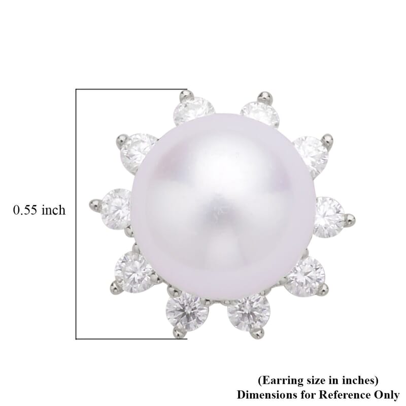 White Edison Pearl 10-11mm and Moissanite Stud Earrings in Sterling Silver 1.20 ctw