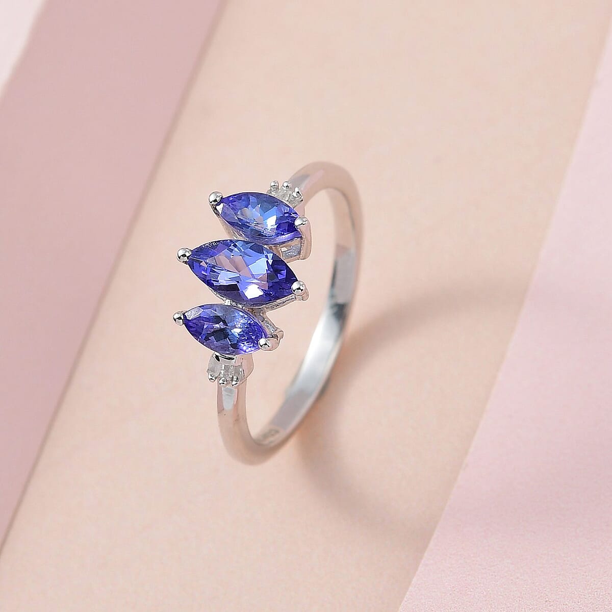 AAA Tanzanite and Diamond 3 Stone Ring in Platinum Over Sterling Silver (Size 10.0) 1.15 ctw image number 1