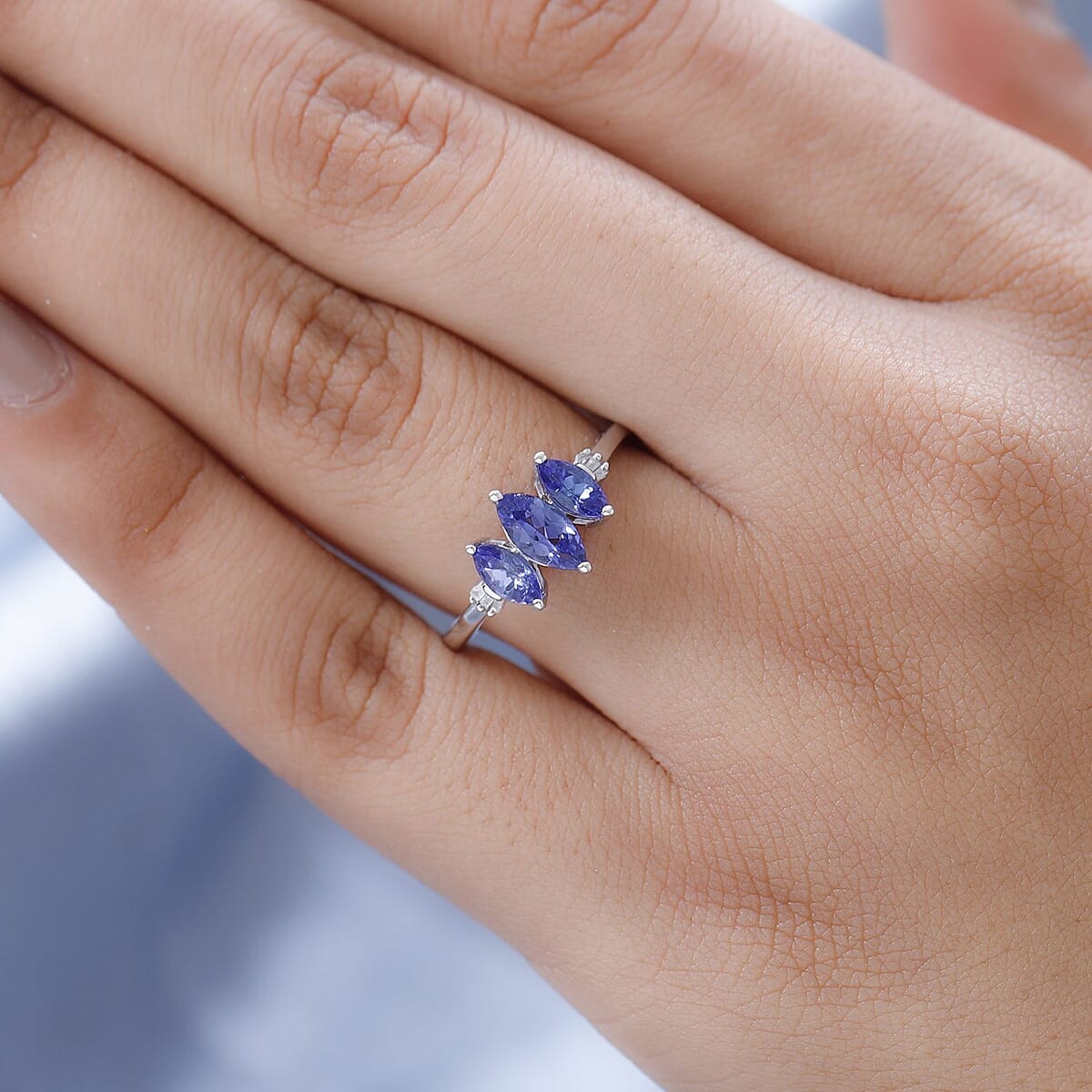 AAA Tanzanite and Diamond 3 Stone Ring in Platinum Over Sterling Silver (Size 10.0) 1.15 ctw image number 2