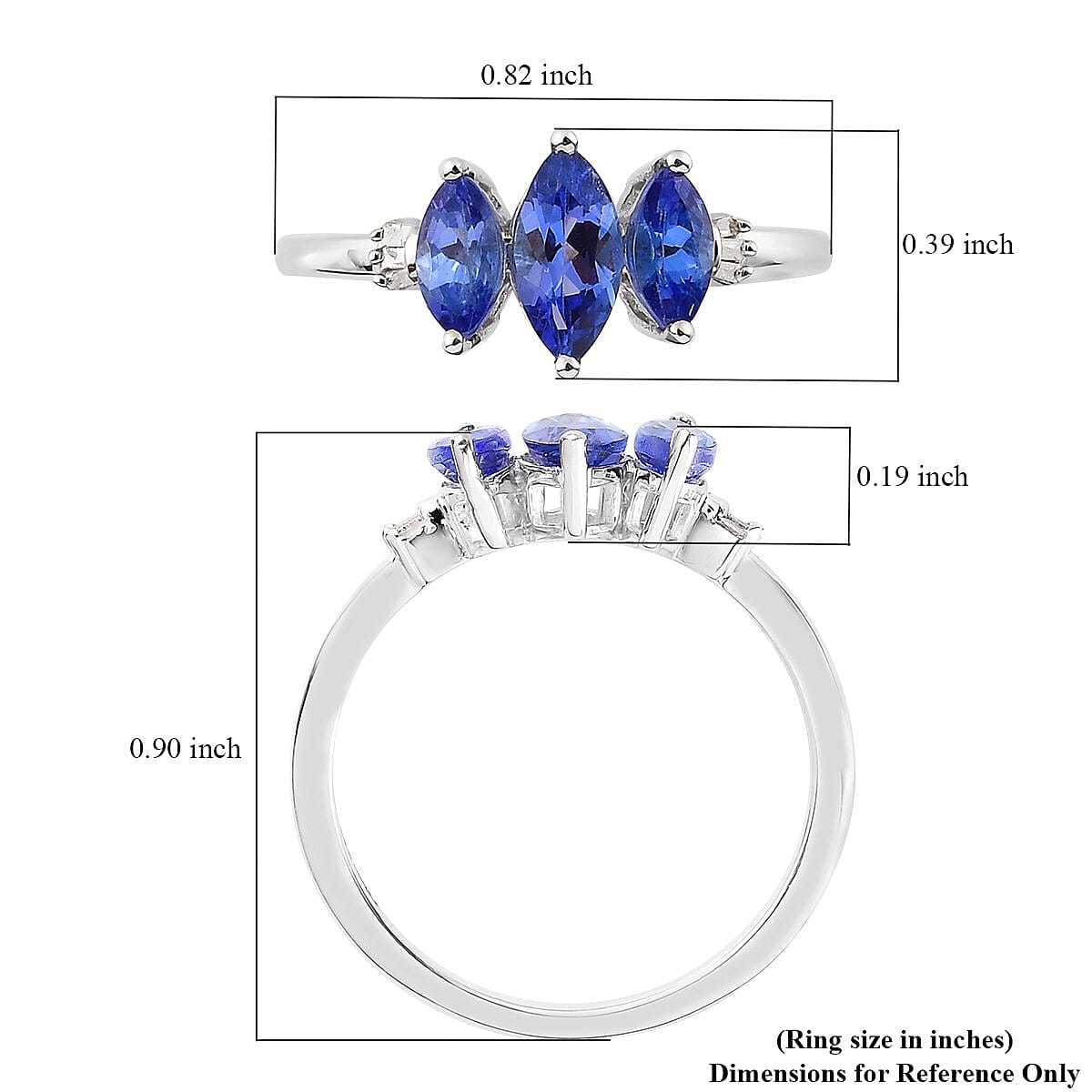 AAA Tanzanite and Diamond 3 Stone Ring in Platinum Over Sterling Silver (Size 10.0) 1.15 ctw image number 5