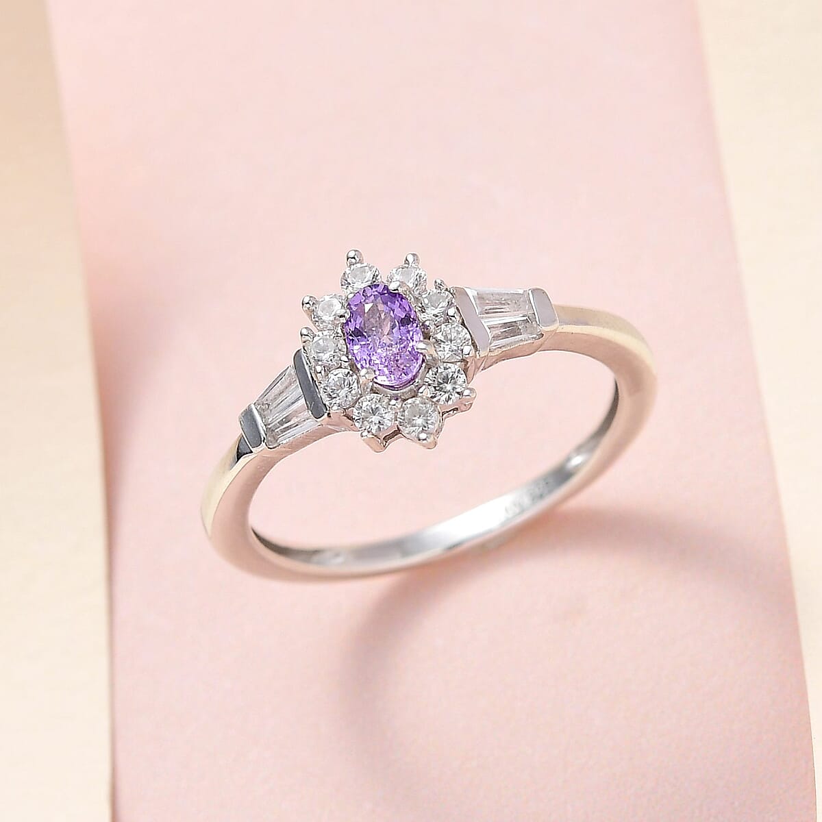 Madagascar Purple Sapphire and Natural White Zircon Sunburst Ring in Platinum Over Sterling Silver 0.65 ctw image number 1