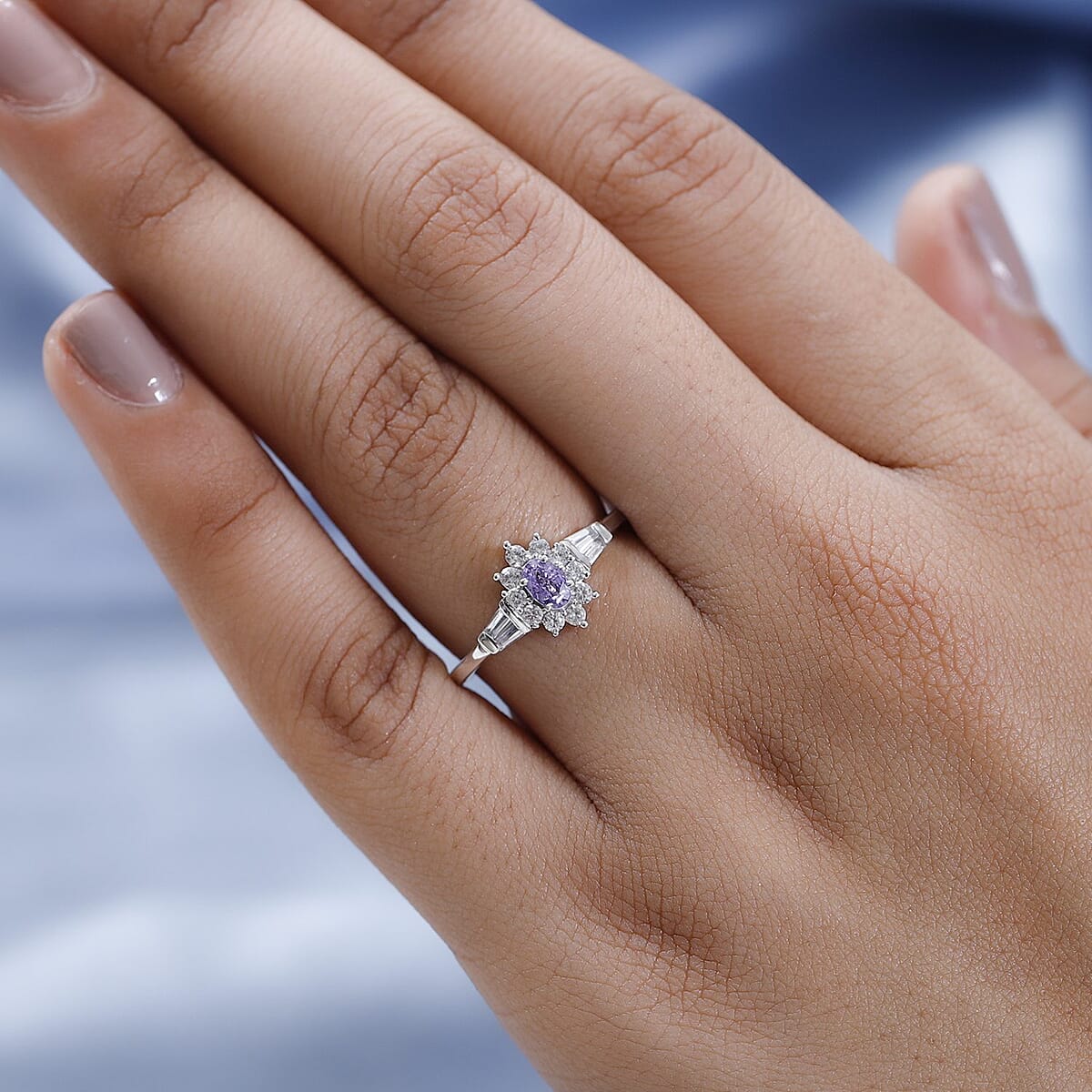 Madagascar Purple Sapphire and Natural White Zircon Sunburst Ring in Platinum Over Sterling Silver 0.65 ctw image number 2