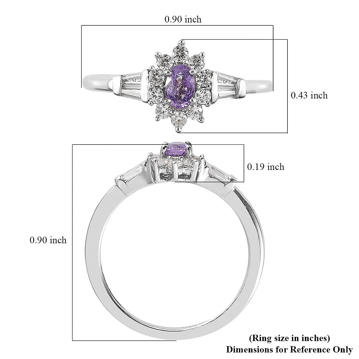 Madagascar Purple Sapphire and Natural White Zircon Sunburst Ring in Platinum Over Sterling Silver 0.65 ctw image number 5