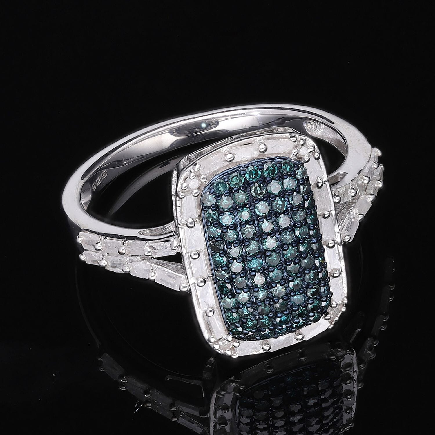 Blue and White Diamond 0.99 ctw Ring in Platinum Over Sterling Silver (Size 5.5)