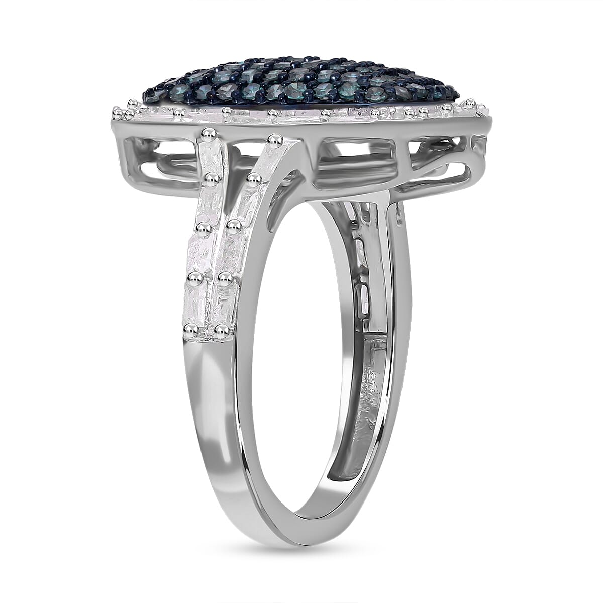 Blue and White Diamond 0.99 ctw Ring in Platinum Over Sterling Silver (Size 5.5)