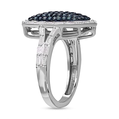 Blue and White Diamond 0.99 ctw Ring in Platinum Over Sterling Silver (Size 5.5)