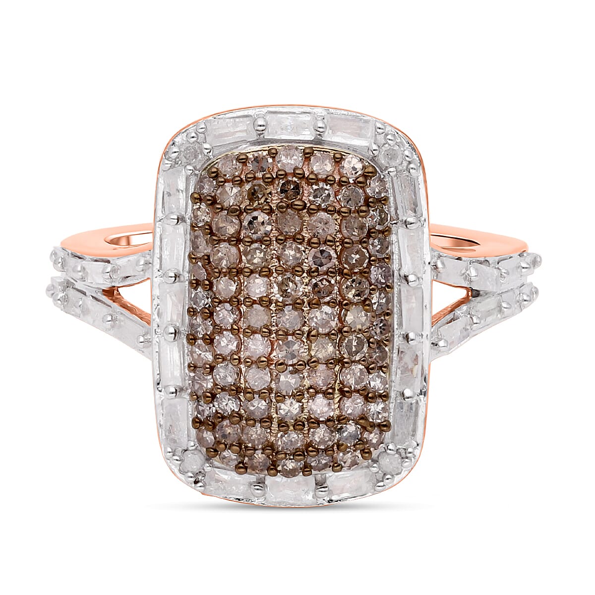 Natural Champagne and White Diamond 0.99 ctw Ring in 18K Vermeil Rose Gold Over Sterling Silver (Size 11.5)