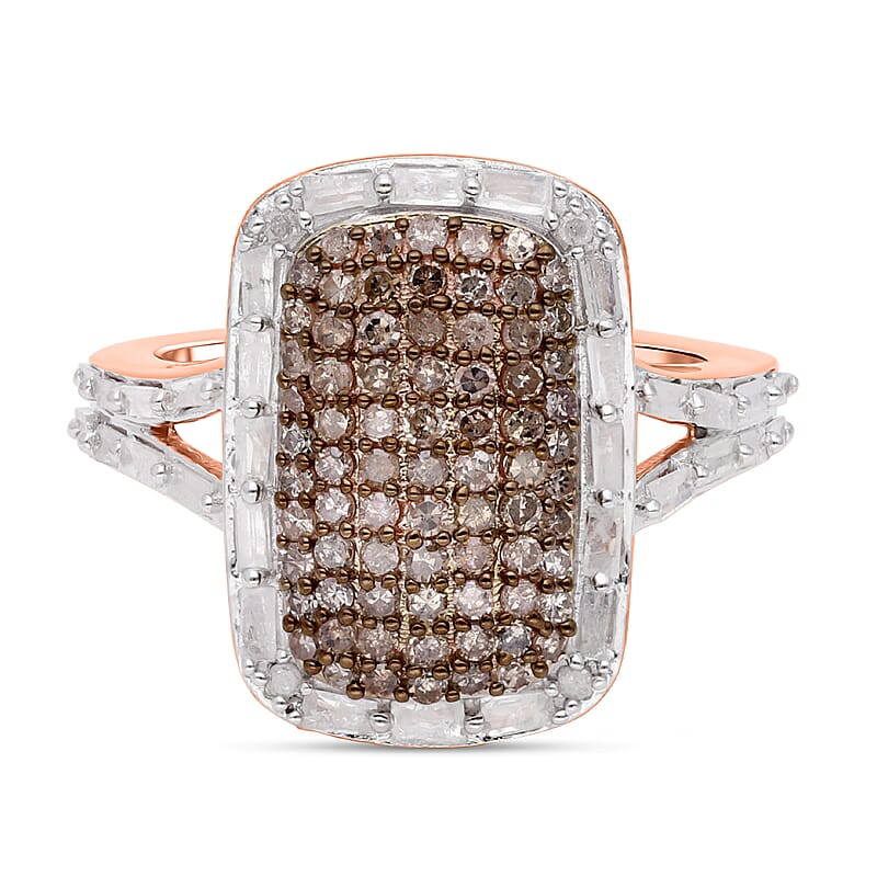 Natural Champagne and White Diamond 0.99 ctw Ring in 18K Vermeil Rose Gold Over Sterling Silver (Size 11.5)