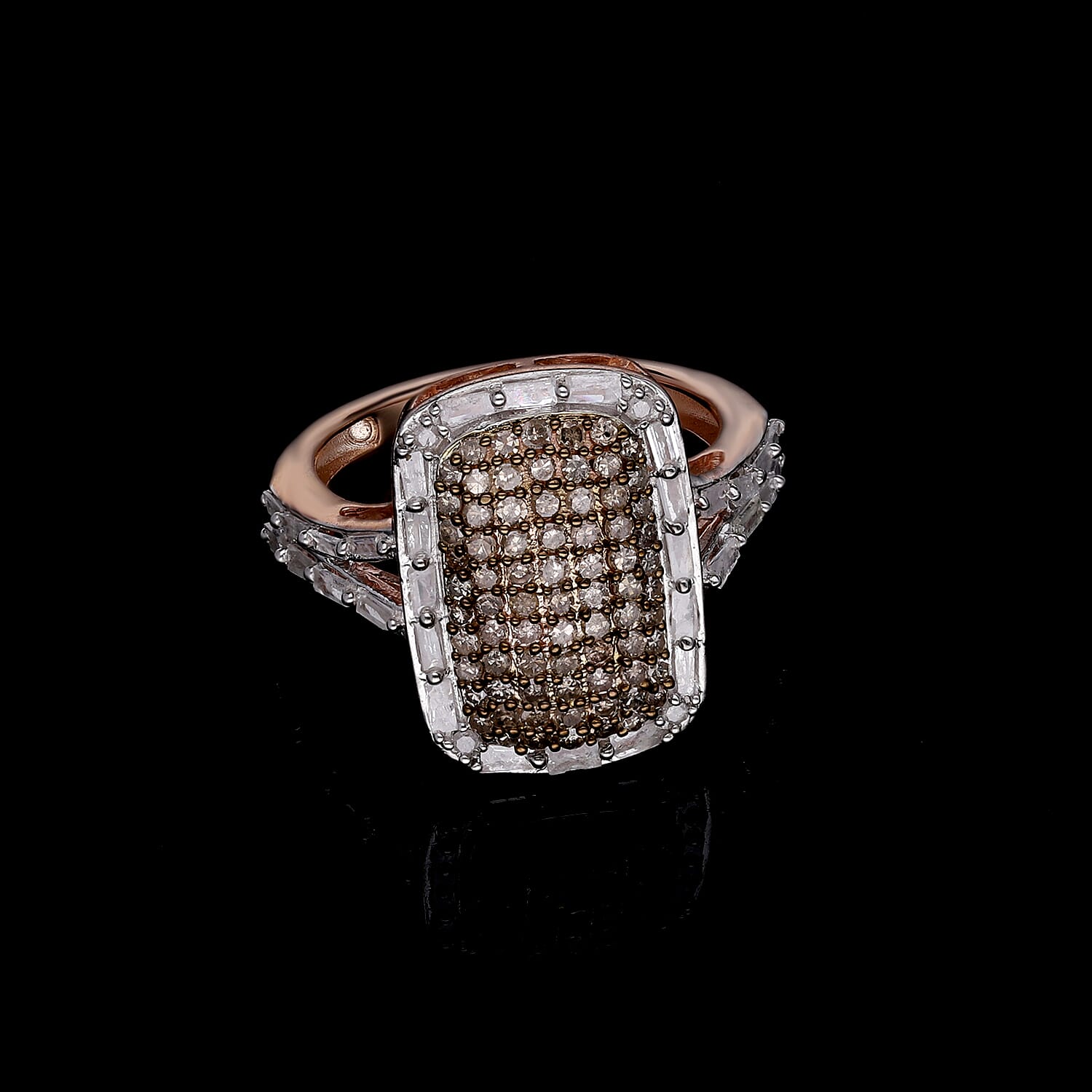 Natural Champagne and White Diamond 0.99 ctw Ring in 18K Vermeil Rose Gold Over Sterling Silver (Size 11.5)