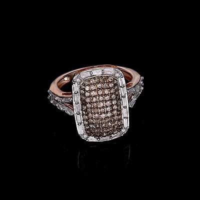 Natural Champagne and White Diamond 0.99 ctw Ring in 18K Vermeil Rose Gold Over Sterling Silver (Size 11.5)
