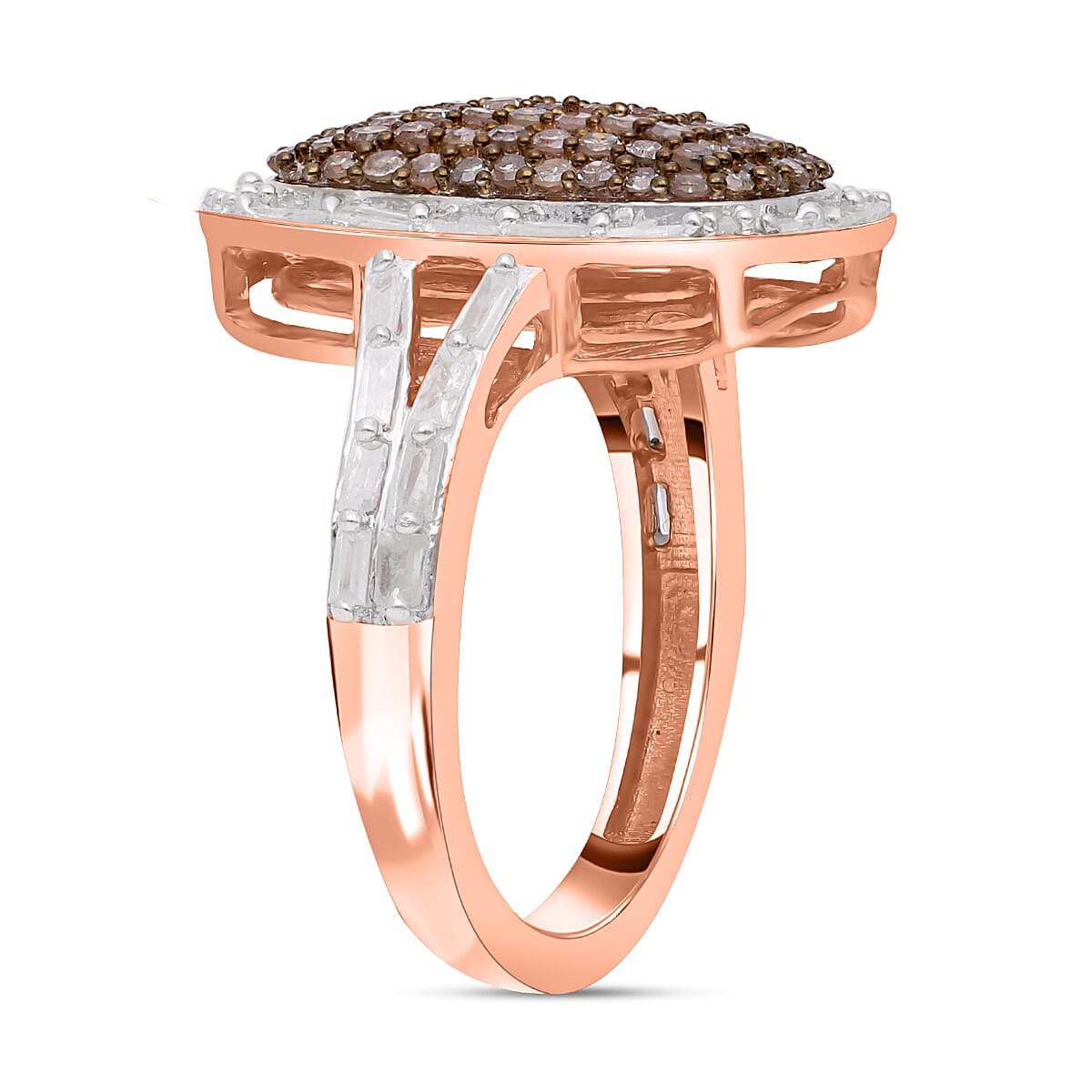 Natural Champagne and White Diamond 0.99 ctw Ring in 18K Vermeil Rose Gold Over Sterling Silver (Size 11.5)