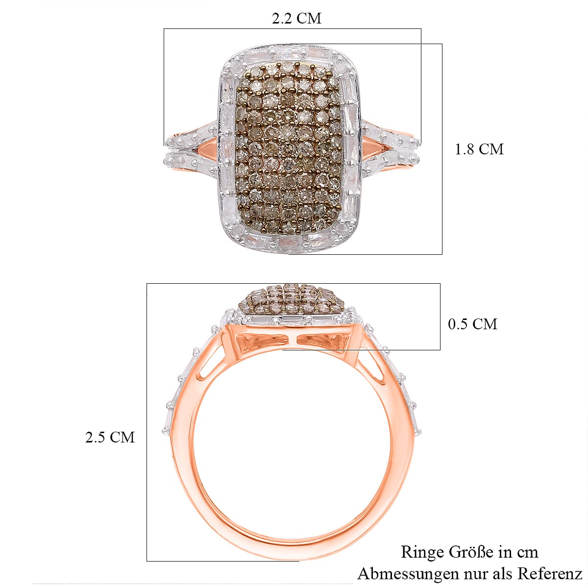 Natural Champagne and White Diamond 0.99 ctw Ring in 18K Vermeil Rose Gold Over Sterling Silver (Size 11.5)