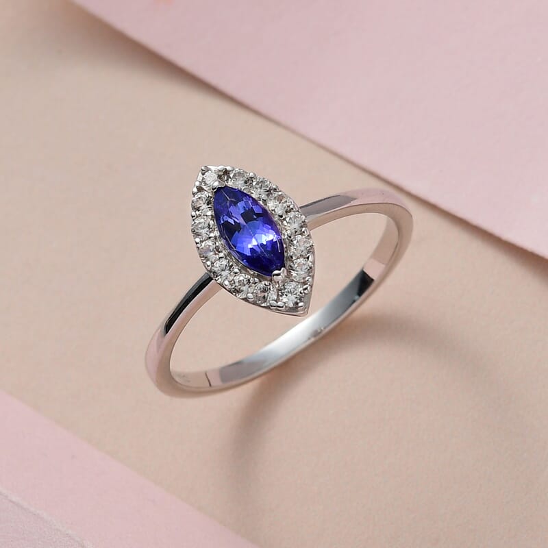 AAA Tanzanite and White Zircon Halo Ring in Platinum Over Sterling Silver (Size 10.0) 1.00 ctw