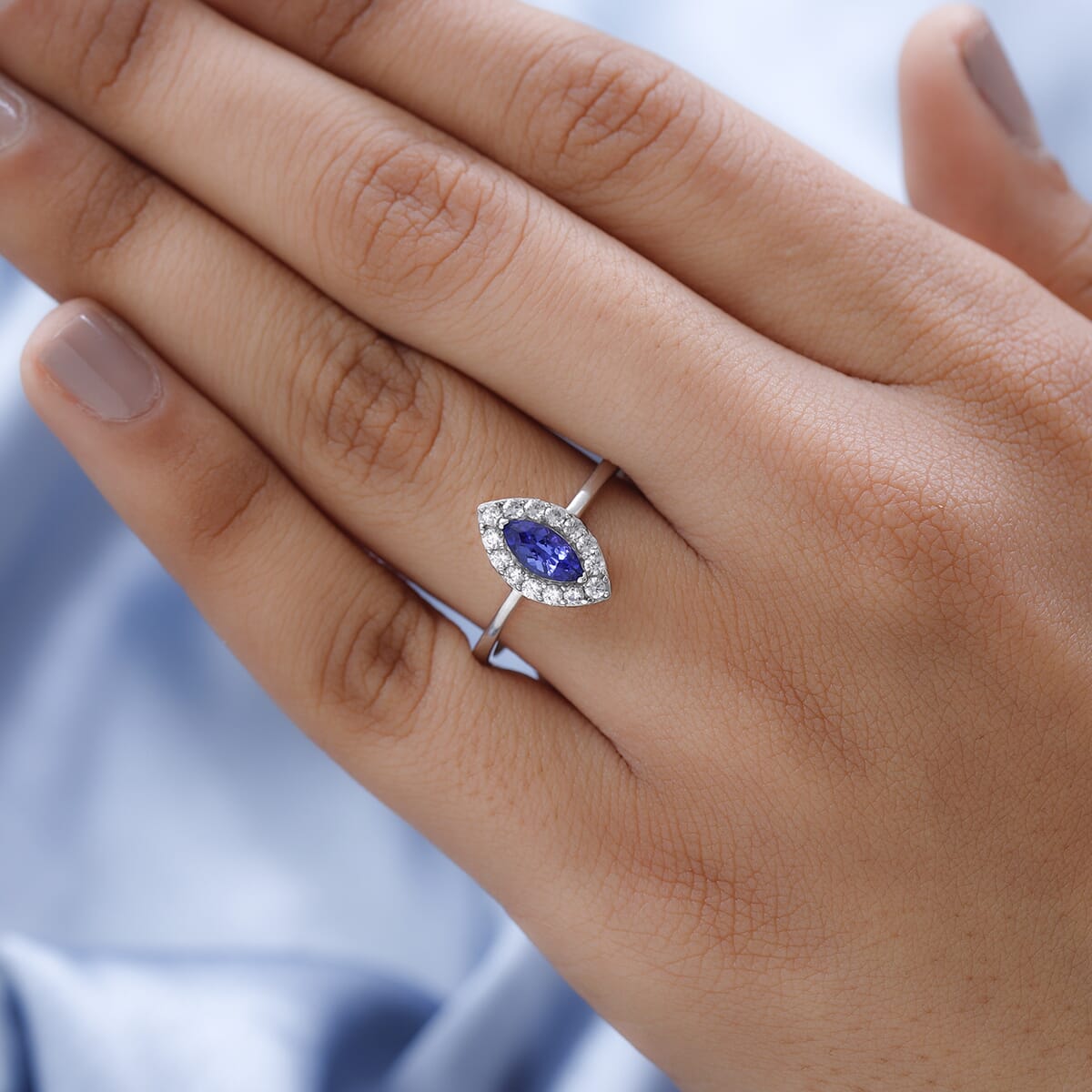 AAA Tanzanite and Natural White Zircon Halo Ring in Platinum Over Sterling Silver 1.00 ctw image number 2