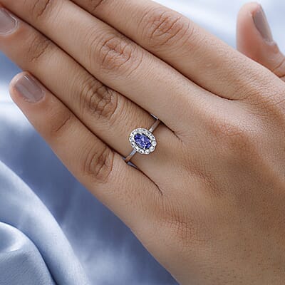 AAA Tanzanite and White Zircon Halo Ring in Platinum Over Sterling Silver (Size 10.0) 0.85 ctw