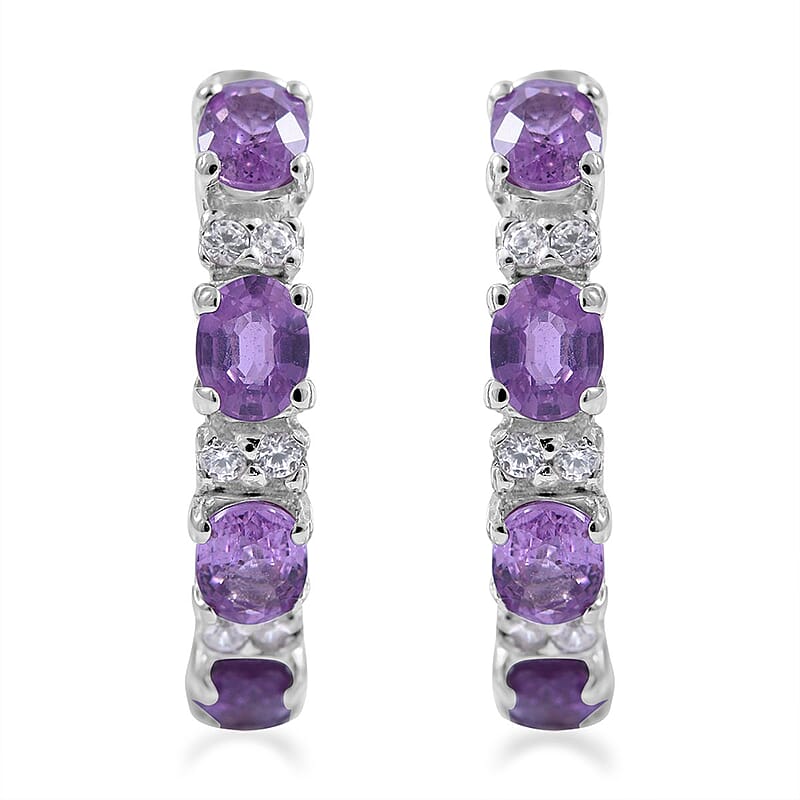 Madagascar Purple Sapphire and White Zircon Hoop Earrings in Platinum Over Sterling Silver 1.75 ctw