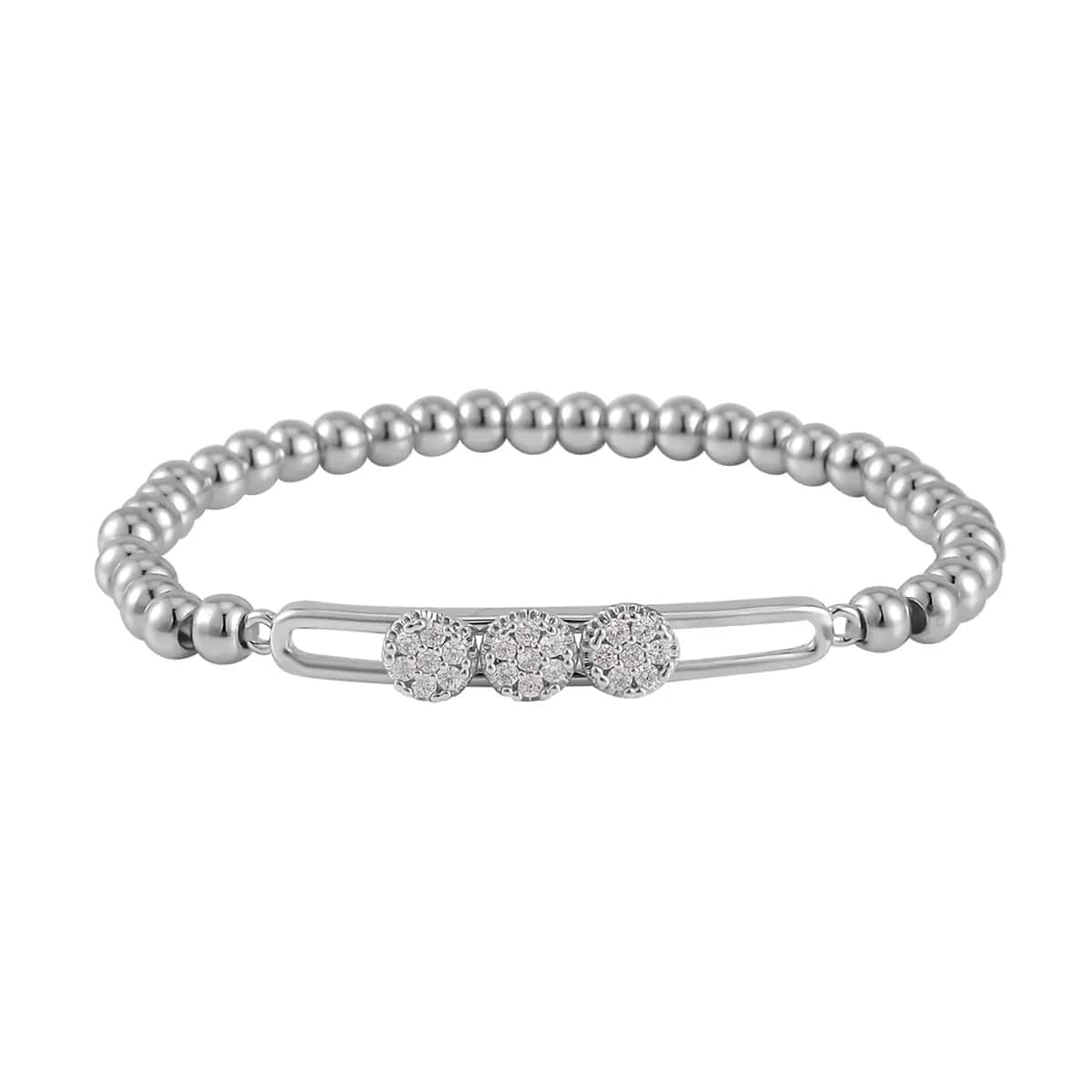 Simulated Diamond, Silvertone Beaded Stretch Bracelet 0.10 ctw image number 0