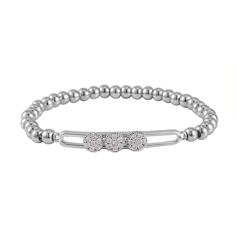 Simulated Diamond, Silvertone Beaded Stretch Bracelet