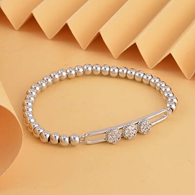 Simulated Diamond, Silvertone Beaded Stretch Bracelet