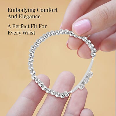Simulated Diamond, Silvertone Beaded Stretch Bracelet