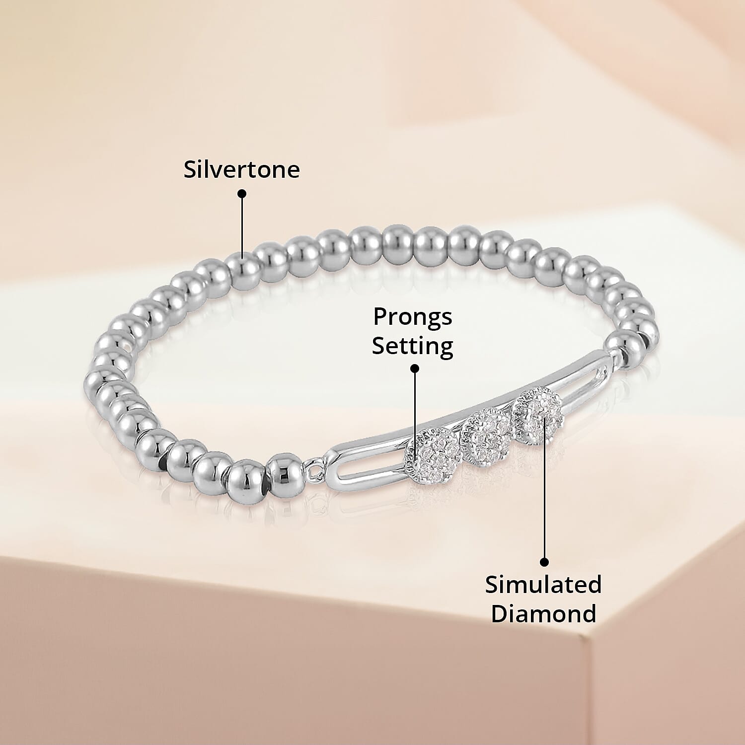 Simulated Diamond, Silvertone Beaded Stretch Bracelet