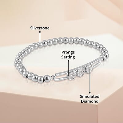 Simulated Diamond, Silvertone Beaded Stretch Bracelet