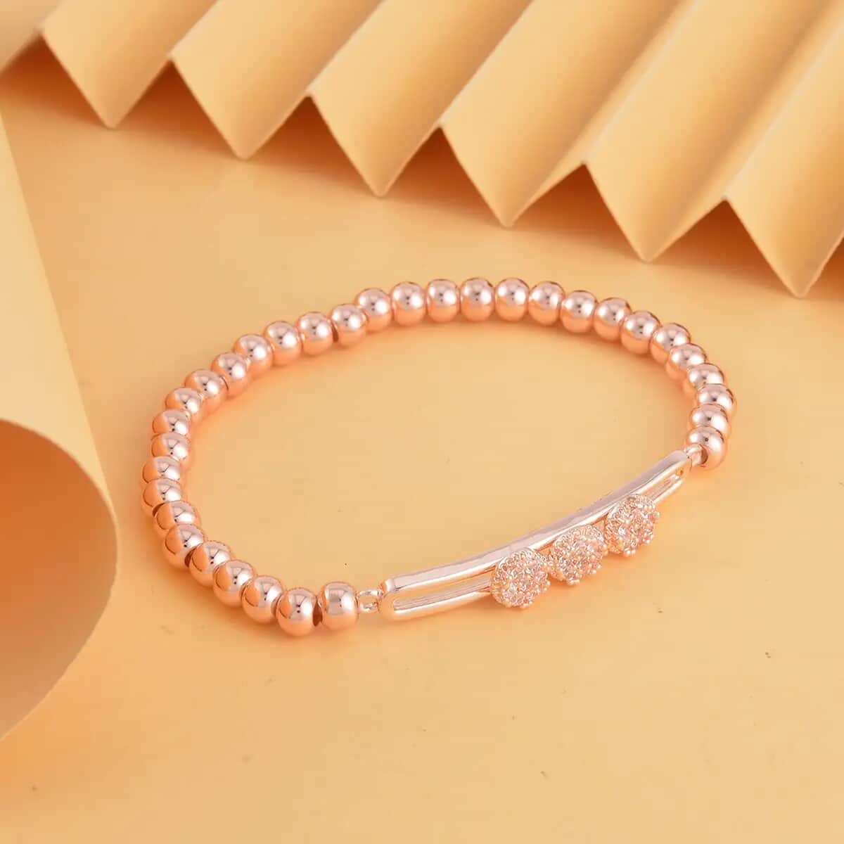 Simulated Diamond, Rosetone Beaded Stretch Bracelet image number 1