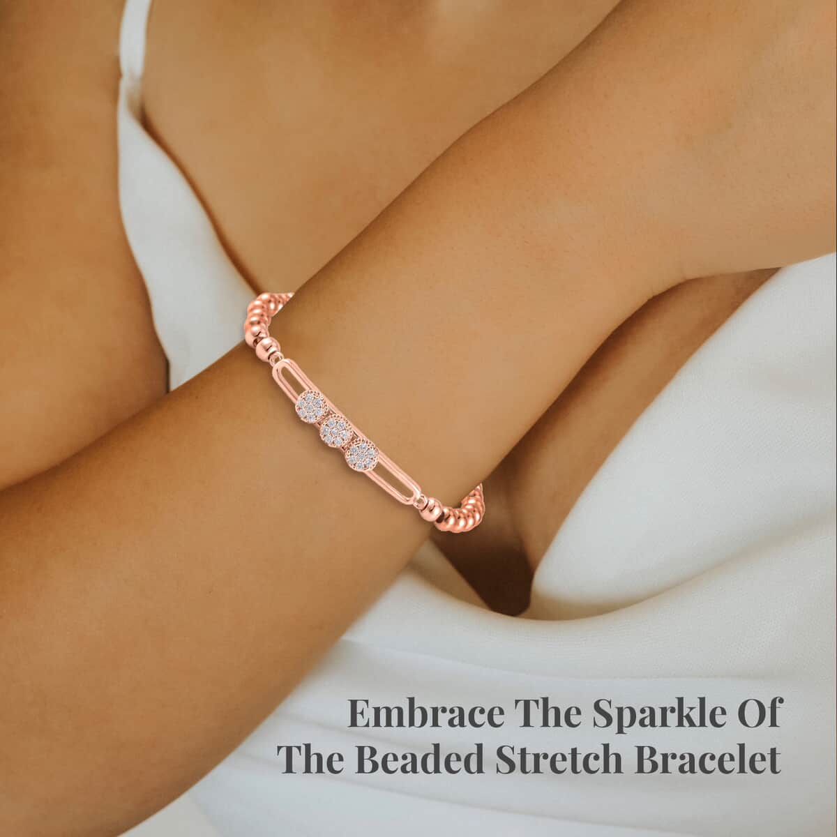 Simulated Diamond, Rosetone Beaded Stretch Bracelet image number 2