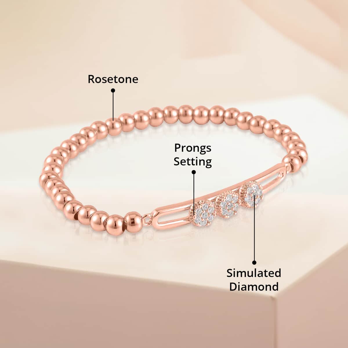 Simulated Diamond, Rosetone Beaded Stretch Bracelet image number 4